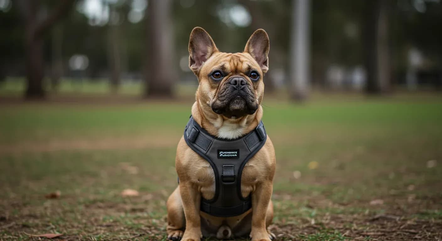 A fawn French Bulldog wearing a properly fitted harness, demonstrating the article's focus on choosing the right harness for this breed's unique body structure