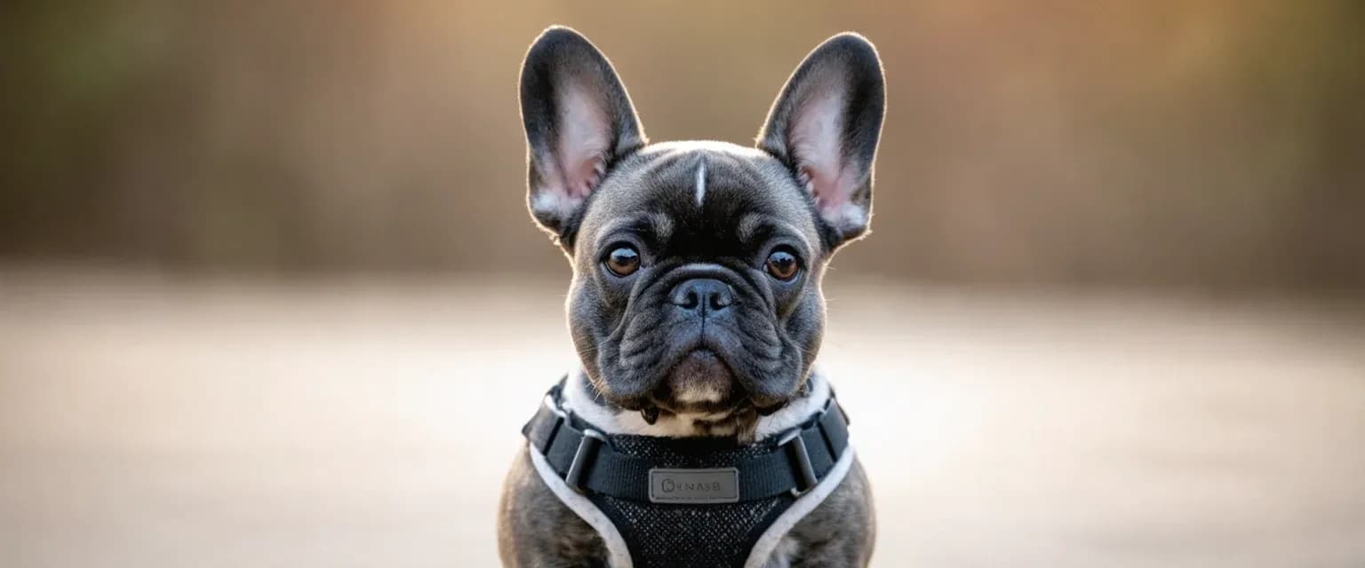 French Bulldog wearing a properly fitted harness, demonstrating the importance of choosing the right harness for brachycephalic breeds