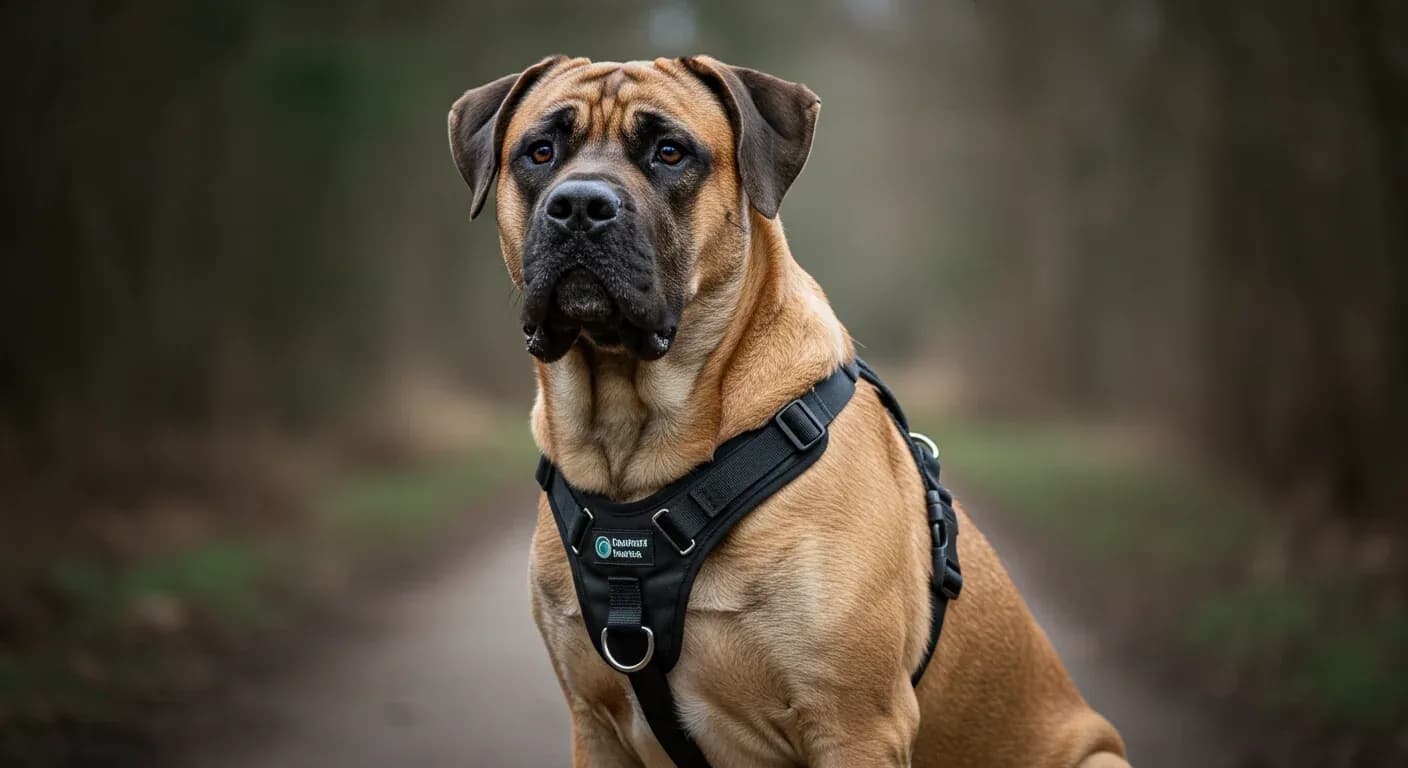 Large English Mastiff wearing a properly fitted black harness, demonstrating how the right harness should sit on a giant breed dog's chest and shoulders