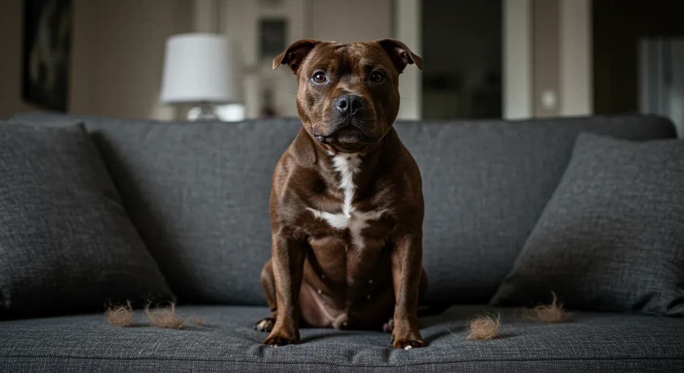 A Staffordshire Bull Terrier with a shiny coat sitting on a sofa with some shed hair visible on the fabric, illustrating normal shedding patterns in a home environment