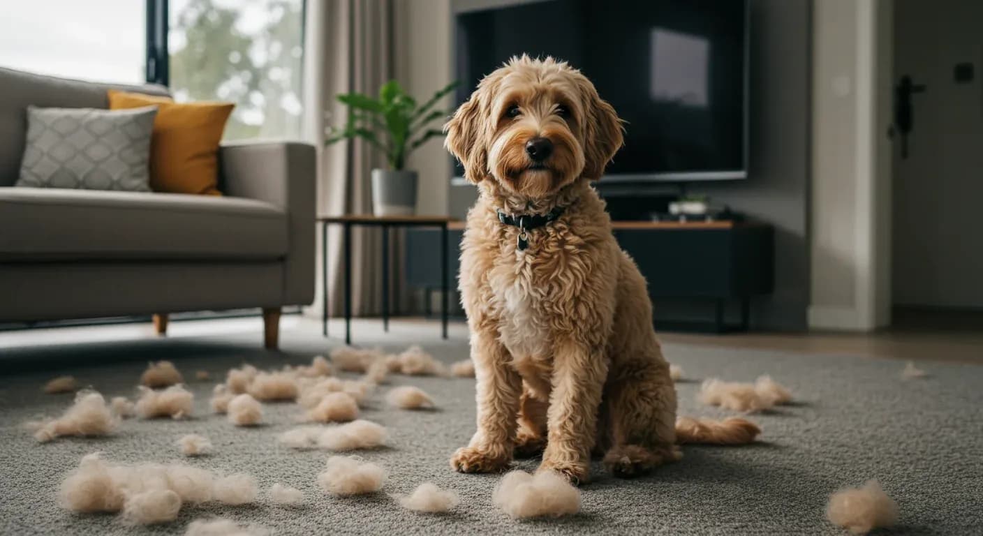 A cream Labradoodle with curly coat sitting on carpet in a living room with visible shed hair around, illustrating the article's focus on managing Labradoodle shedding