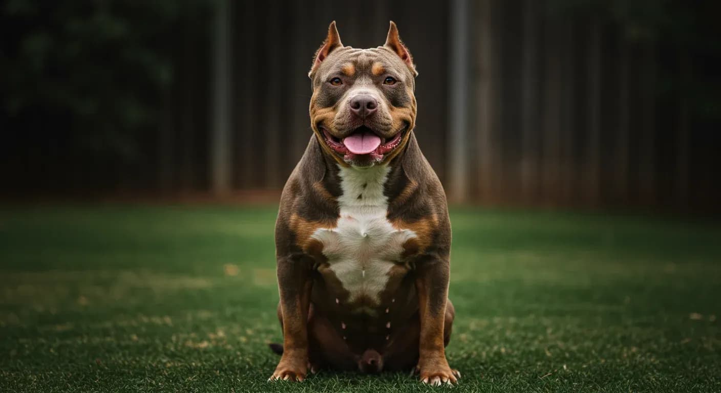 Centered portrait of a calm, confident American Bully dog demonstrating the balanced temperament achievable through proper training and management of aggressive behaviors