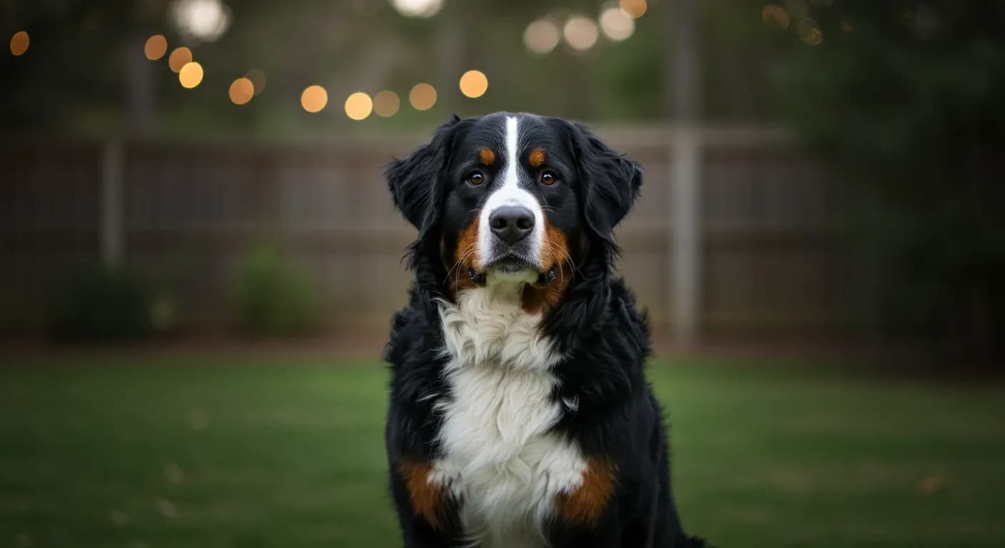 A large Bernese Mountain Dog with black, brown and white markings sitting calmly in a backyard, representing the gentle nature of the breed discussed in the aggression management article