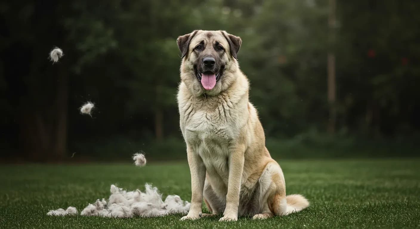 A majestic Anatolian Shepherd dog with thick double coat sitting centered in frame with visible loose fur around it, demonstrating the breed's natural shedding characteristics