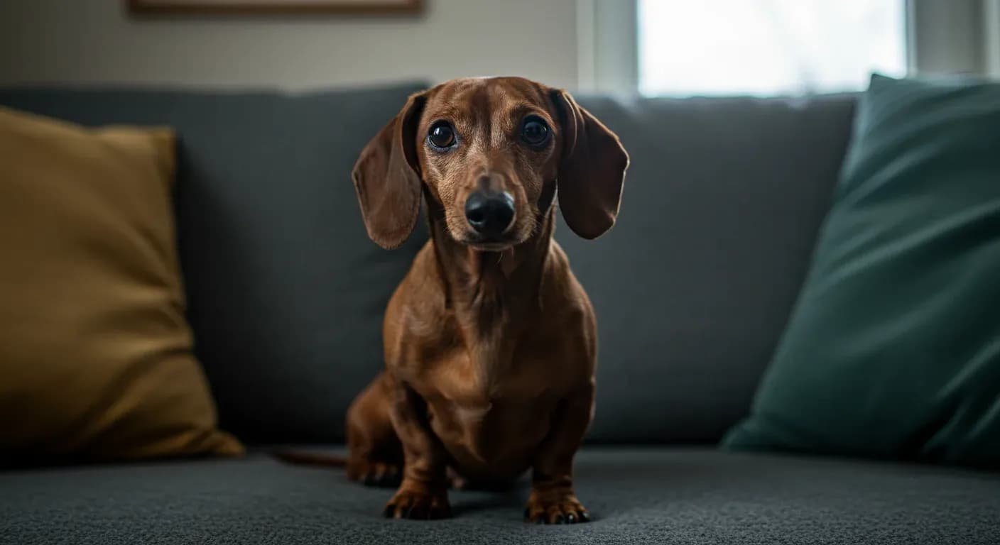 A worried-looking Dachshund sitting on a sofa looking directly at the camera, representing the emotional challenges of separation anxiety in this breed
