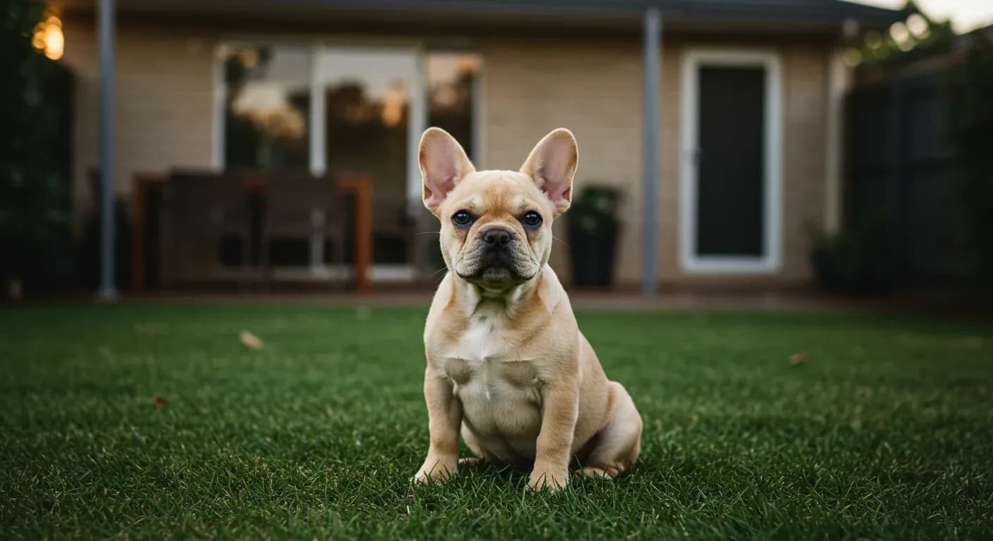 Cream French Bulldog puppy sitting centered on grass looking at camera, representing the focus of house-training guidance in the article