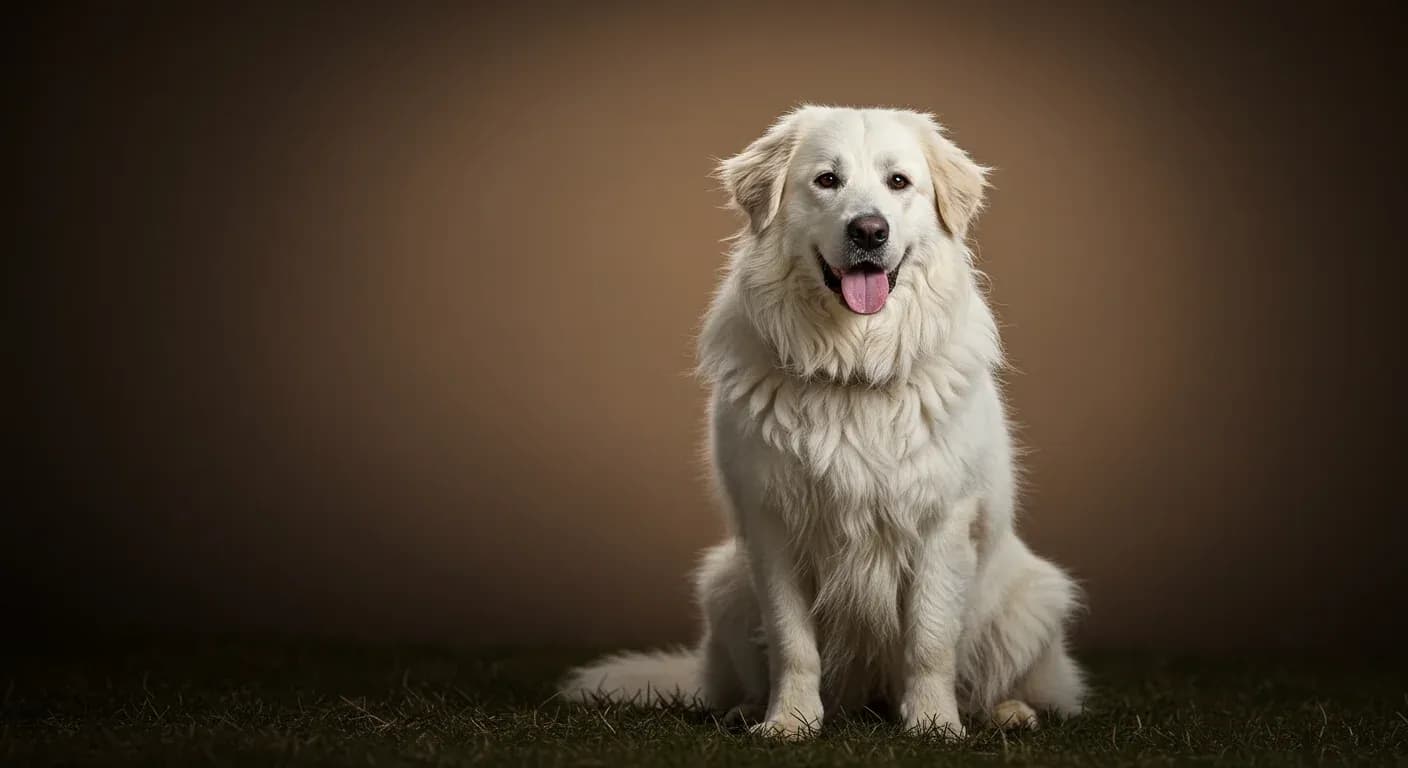 Adult Komondor dog with characteristic white corded coat sitting in centered portrait pose, demonstrating the breed's distinctive rope-like coat texture that requires specialized grooming care