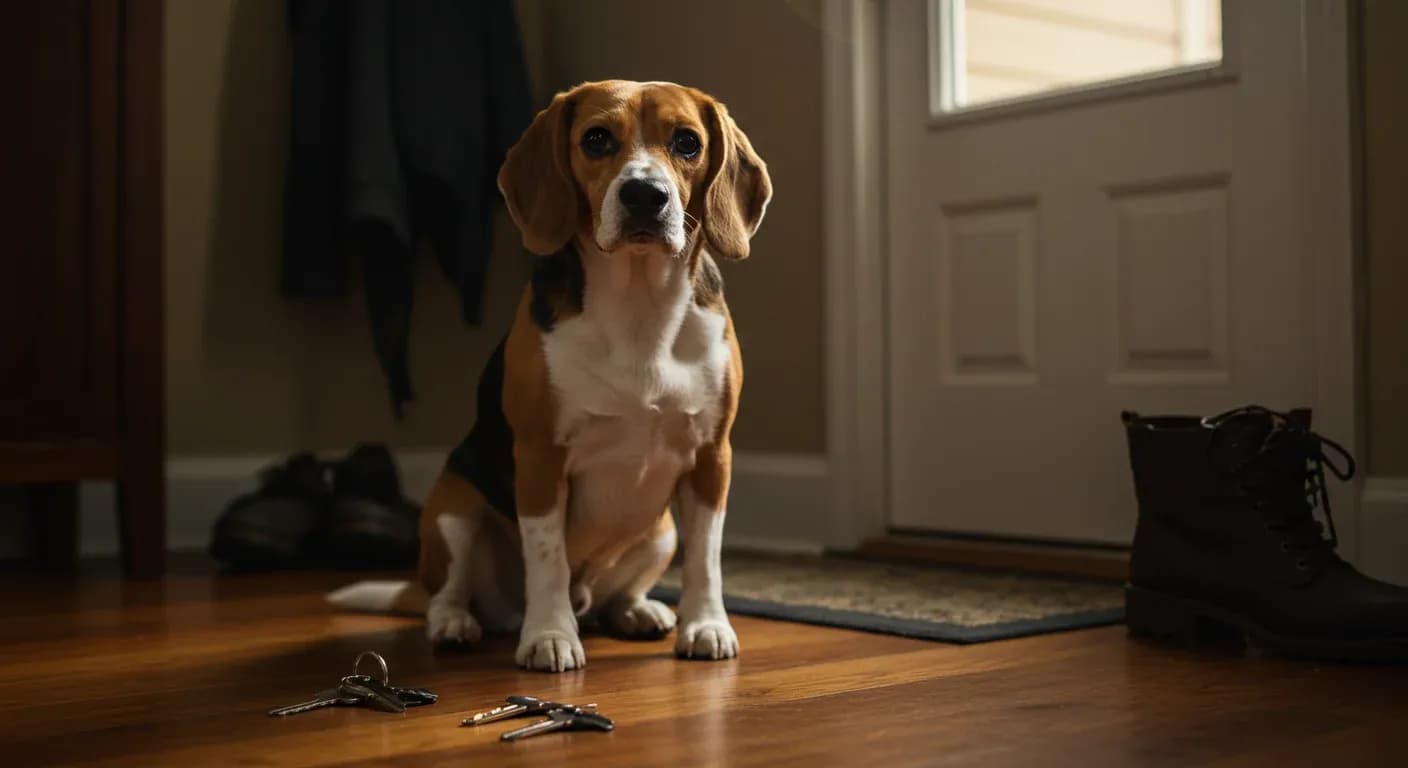 A concerned Beagle sitting by a front door with keys and coat visible, illustrating separation anxiety when owners prepare to leave