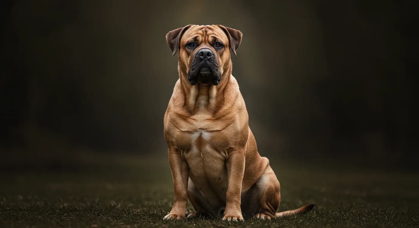 A large fawn Bullmastiff sitting calmly in a centered portrait pose, demonstrating the breed's impressive size and gentle yet alert expression that illustrates their manageable protective nature