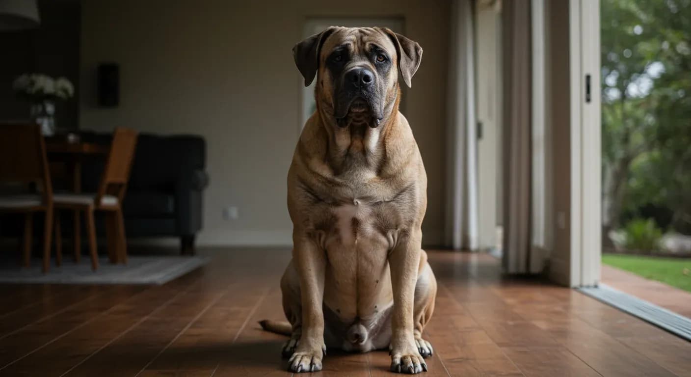 A calm Mastiff dog sitting peacefully in a home setting, representing the breed's naturally gentle temperament when properly managed