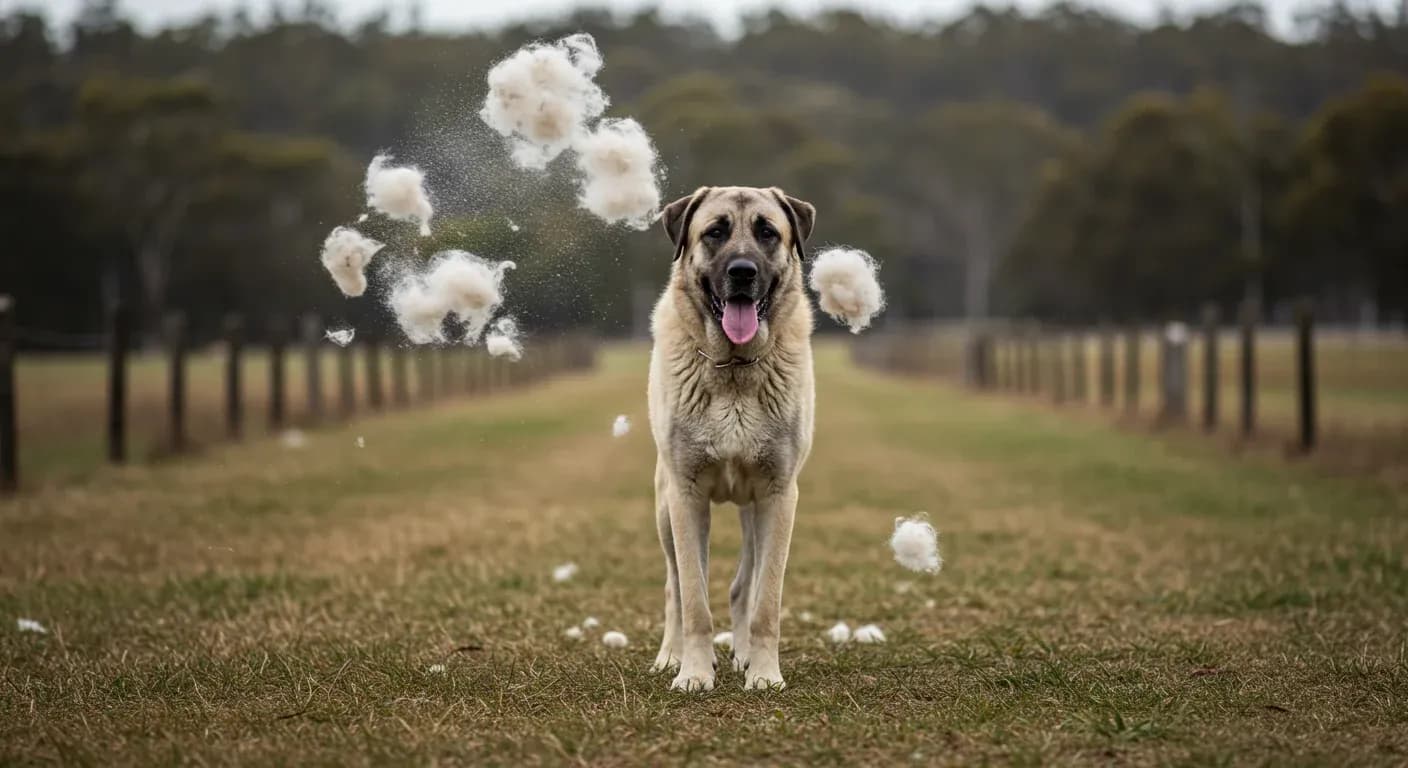 Anatolian Shepherd dog surrounded by visible shedding fur demonstrating the breed's seasonal coat blow, illustrating the main topic of managing heavy shedding