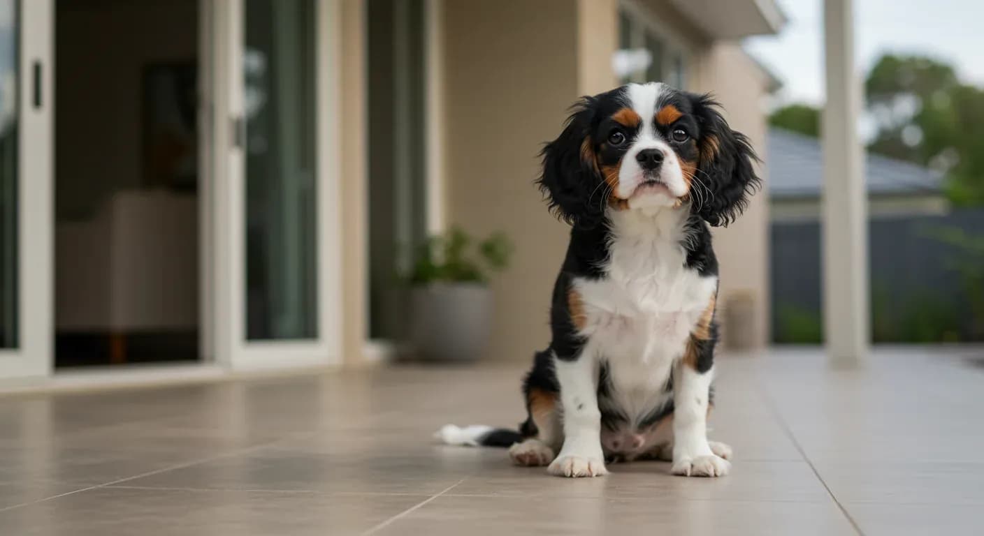 Cavalier King Charles Spaniel puppy sitting centered on outdoor patio, demonstrating the breed's gentle nature and readiness for house training