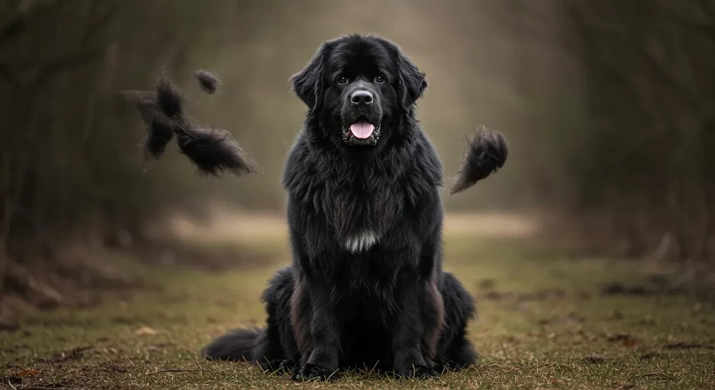 A large black Newfoundland dog with its characteristic thick double coat, showing the natural shedding that owners need to manage through proper grooming techniques