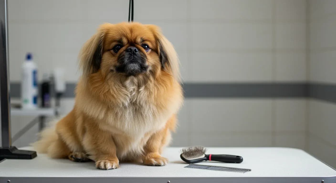 A well-groomed Pekingese dog with thick double coat sitting on a grooming table with brushing tools nearby, illustrating proper shedding management setup