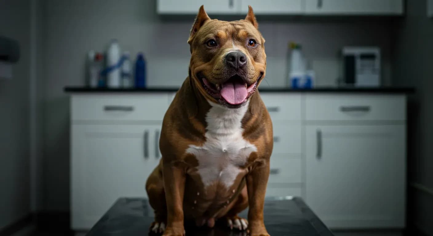 Professional portrait of an American Bully dog centered in frame at a veterinary clinic, showcasing the breed's distinctive features and healthy skin condition relevant to the article about skin health management