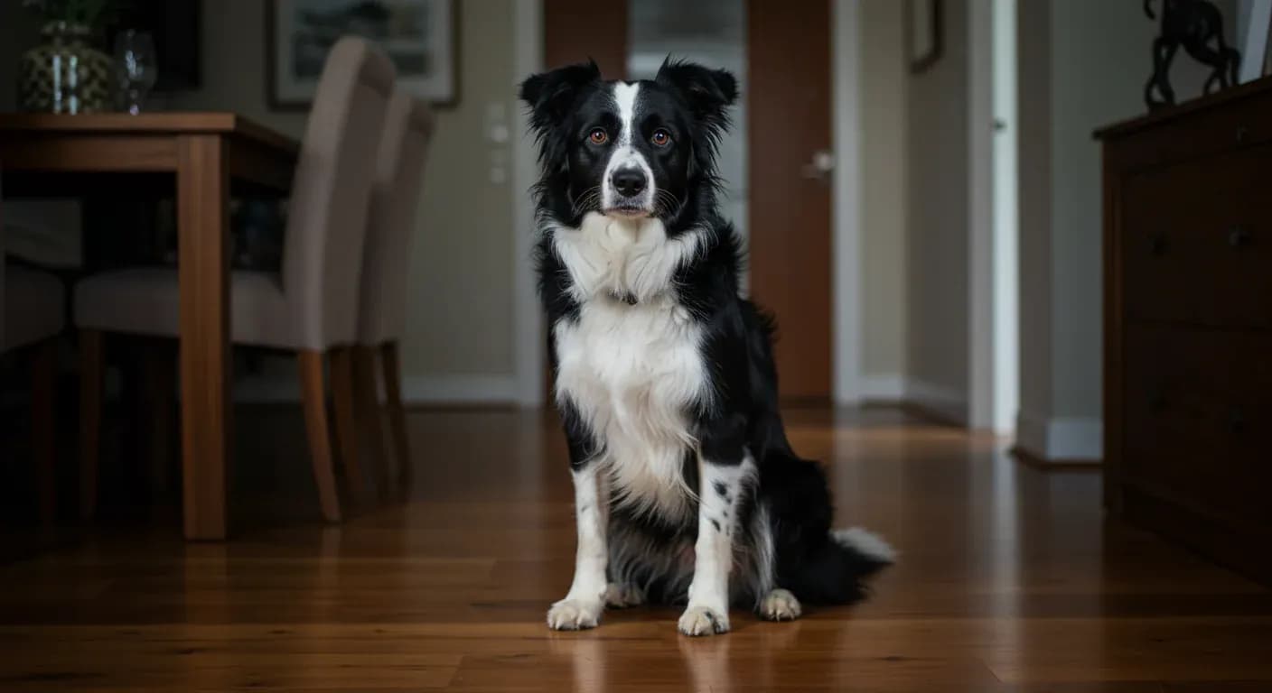 A Border Collie sitting in the center of a home interior, displaying the alert yet concerned expression typical of dogs experiencing separation anxiety