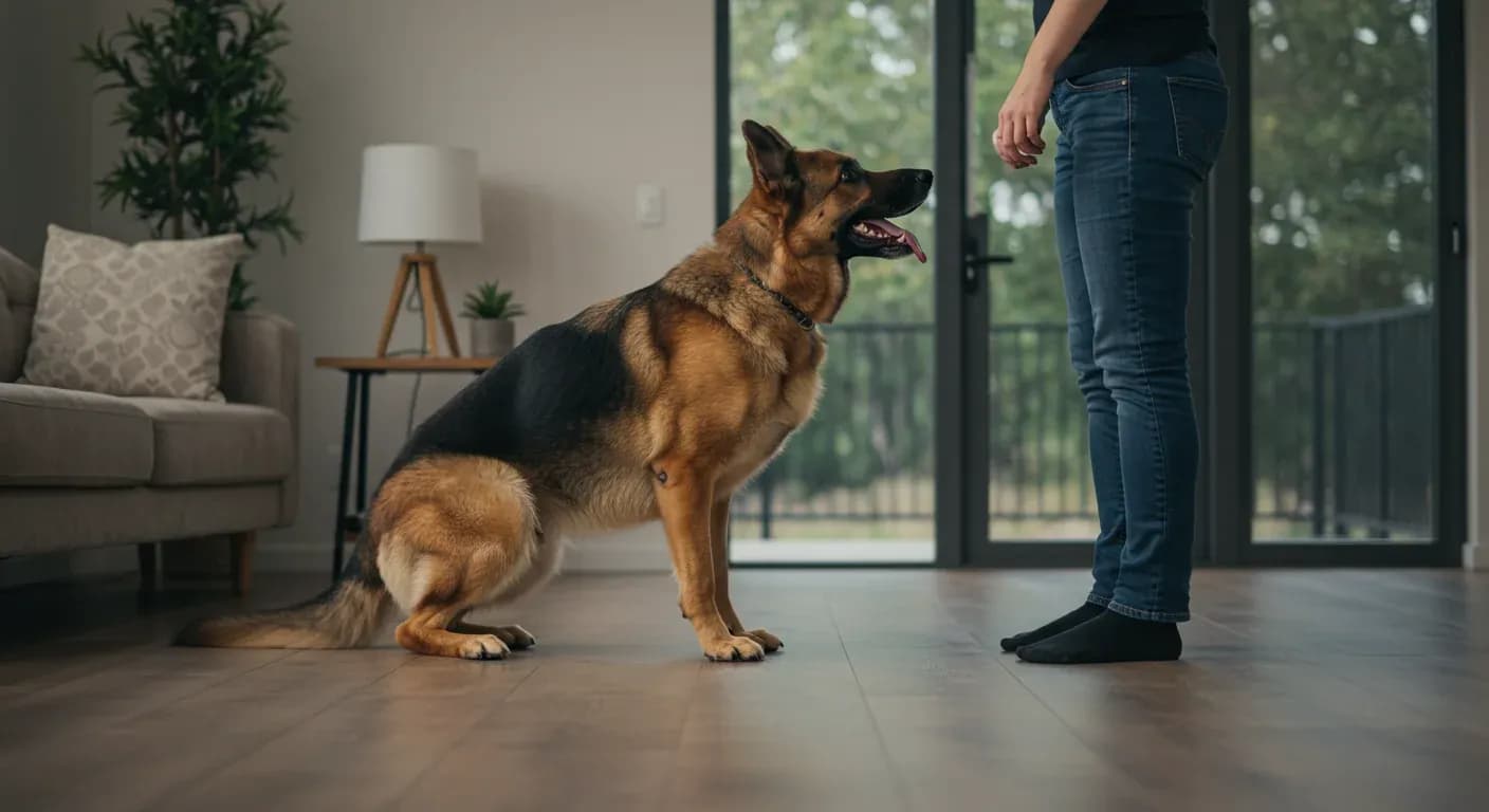 German Shepherd standing calmly on the ground while greeting a person, demonstrating proper non-jumping behavior in a home setting