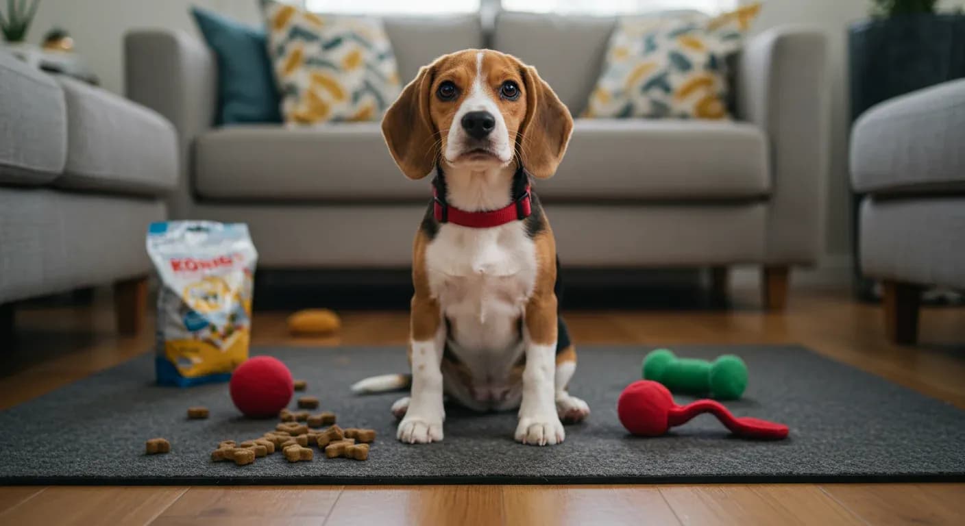 Young Beagle puppy sitting attentively during a training session, representing the comprehensive puppy training guide