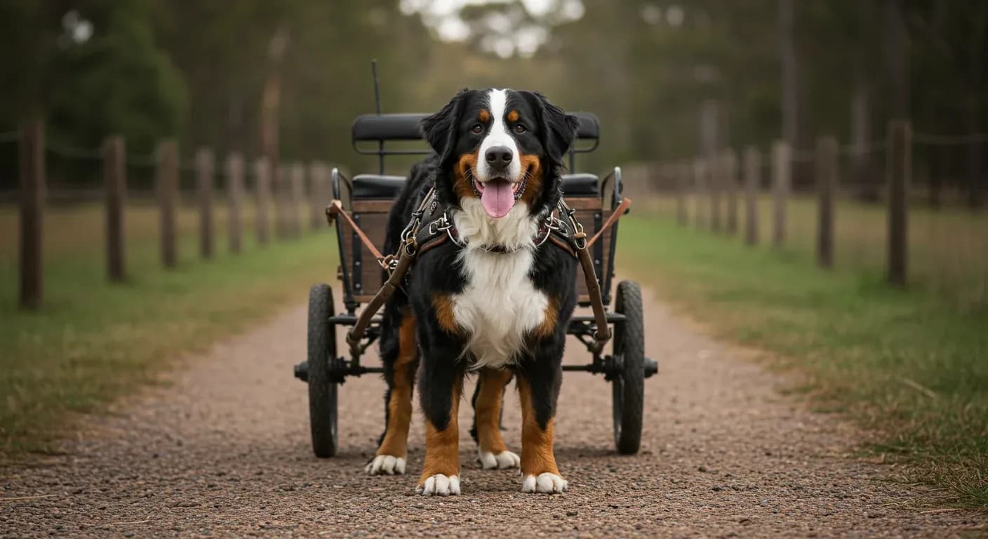 A Bernese Mountain Dog wearing a drafting harness attached to a wooden cart, demonstrating the breed's traditional carting abilities and working heritage