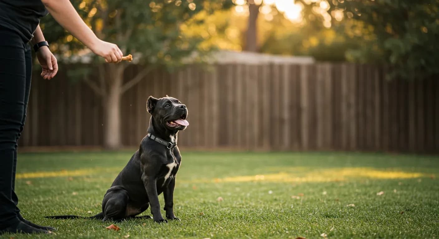 Young Cane Corso puppy sitting attentively during training session, demonstrating the focused learning approach discussed in the training guide