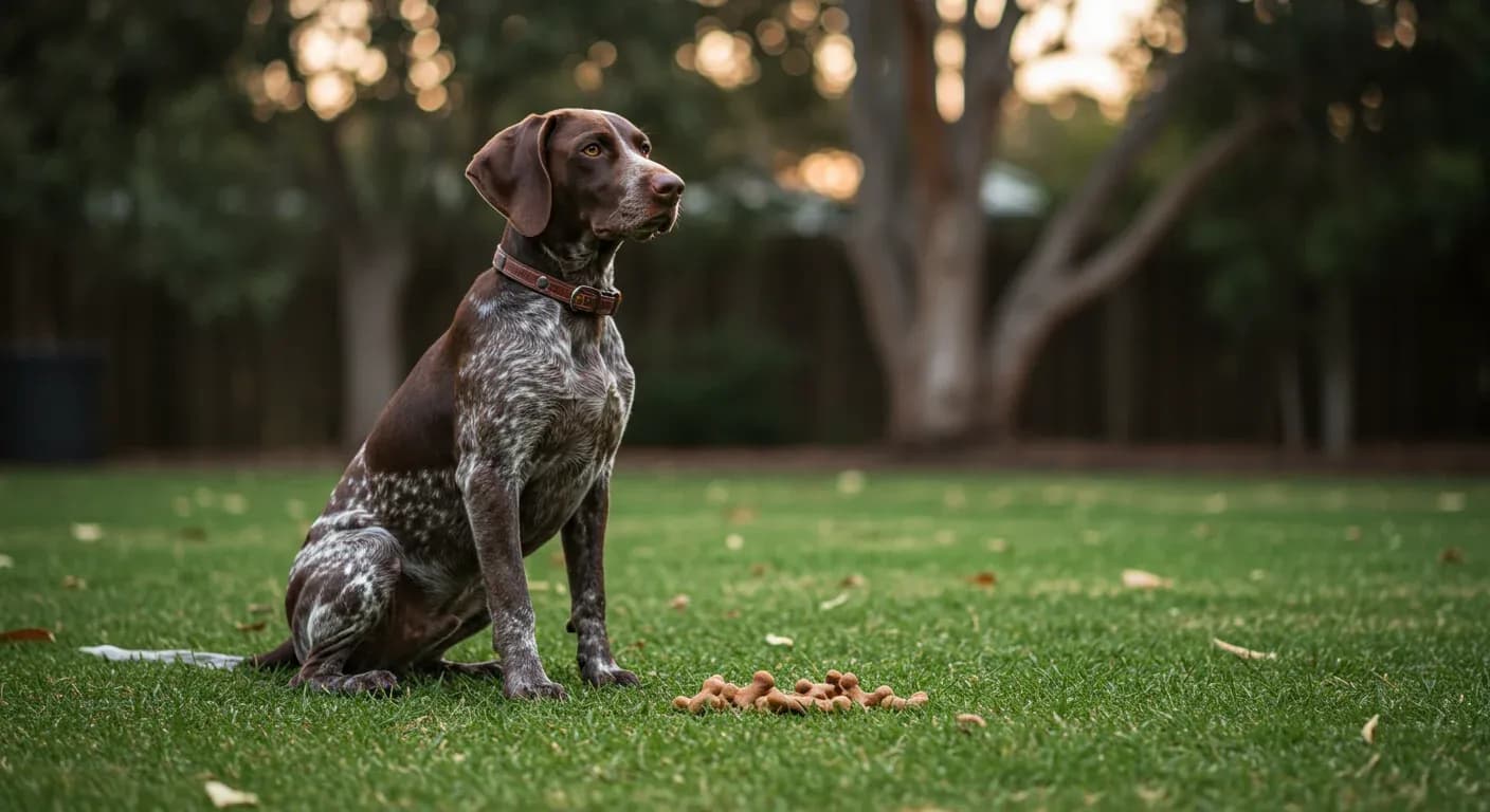 German Shorthaired Pointer puppy sitting attentively during training session in Australian backyard, demonstrating the breed's trainability and focus