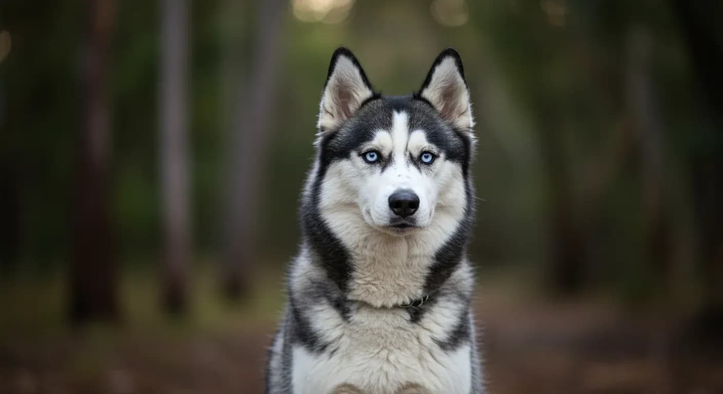 A Siberian Husky with blue eyes sitting centered in frame, displaying the breed's intelligent and independent expression that reflects their challenging but rewarding training nature
