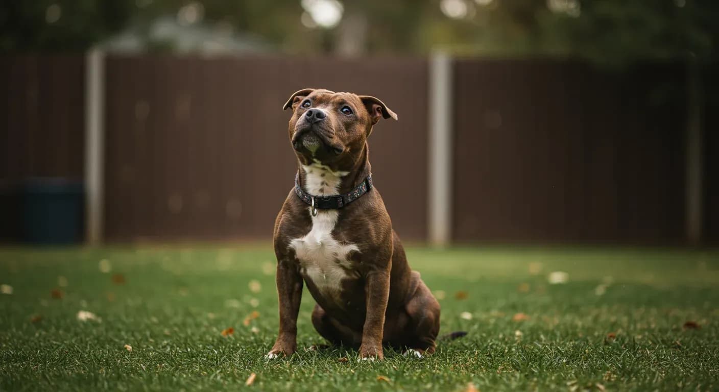 Staffordshire Bull Terrier puppy sitting attentively during training session, demonstrating the breed's eagerness to learn and strong bond with their owner