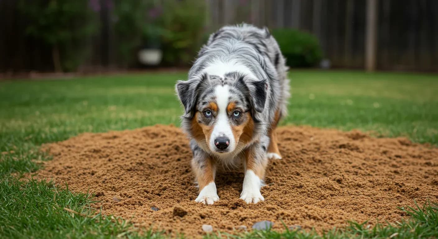 Australian Shepherd dog digging in designated area of backyard, demonstrating proper training redirection from unwanted digging behavior
