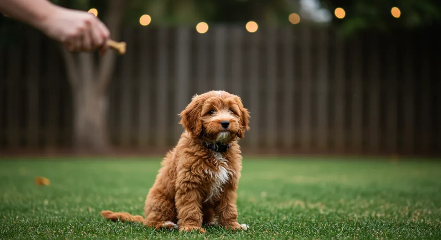 A Cavoodle puppy sitting attentively during training, demonstrating the breed's intelligence and eagerness to learn that makes them excellent training candidates