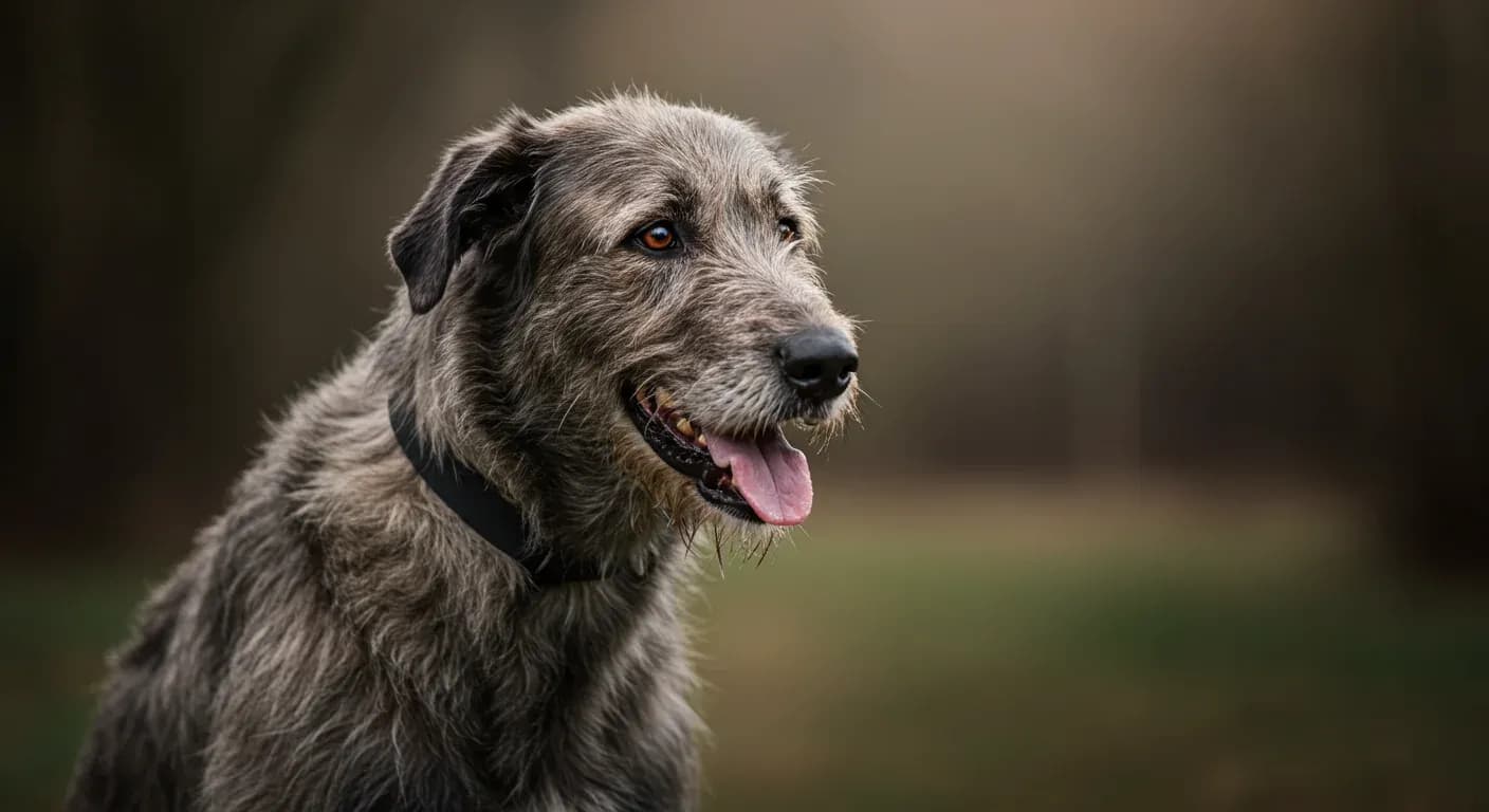 Professional portrait of an Irish Wolfhound showcasing its distinctive wiry coat texture, positioned centrally in the frame to highlight the breed's grooming needs discussed in the article