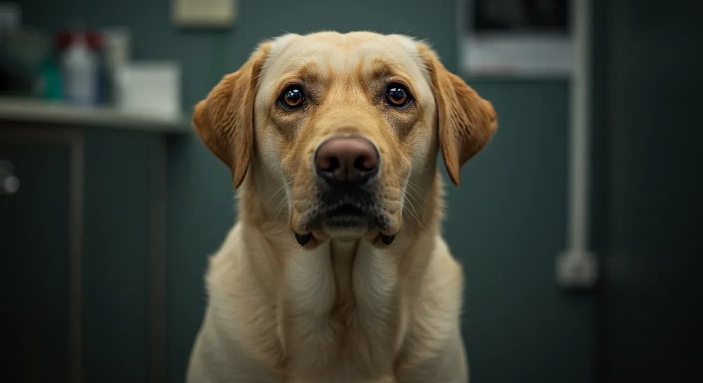 Close-up portrait of a yellow Labrador Retriever looking directly at camera with a gentle, slightly worried expression, representing dogs affected by allergies