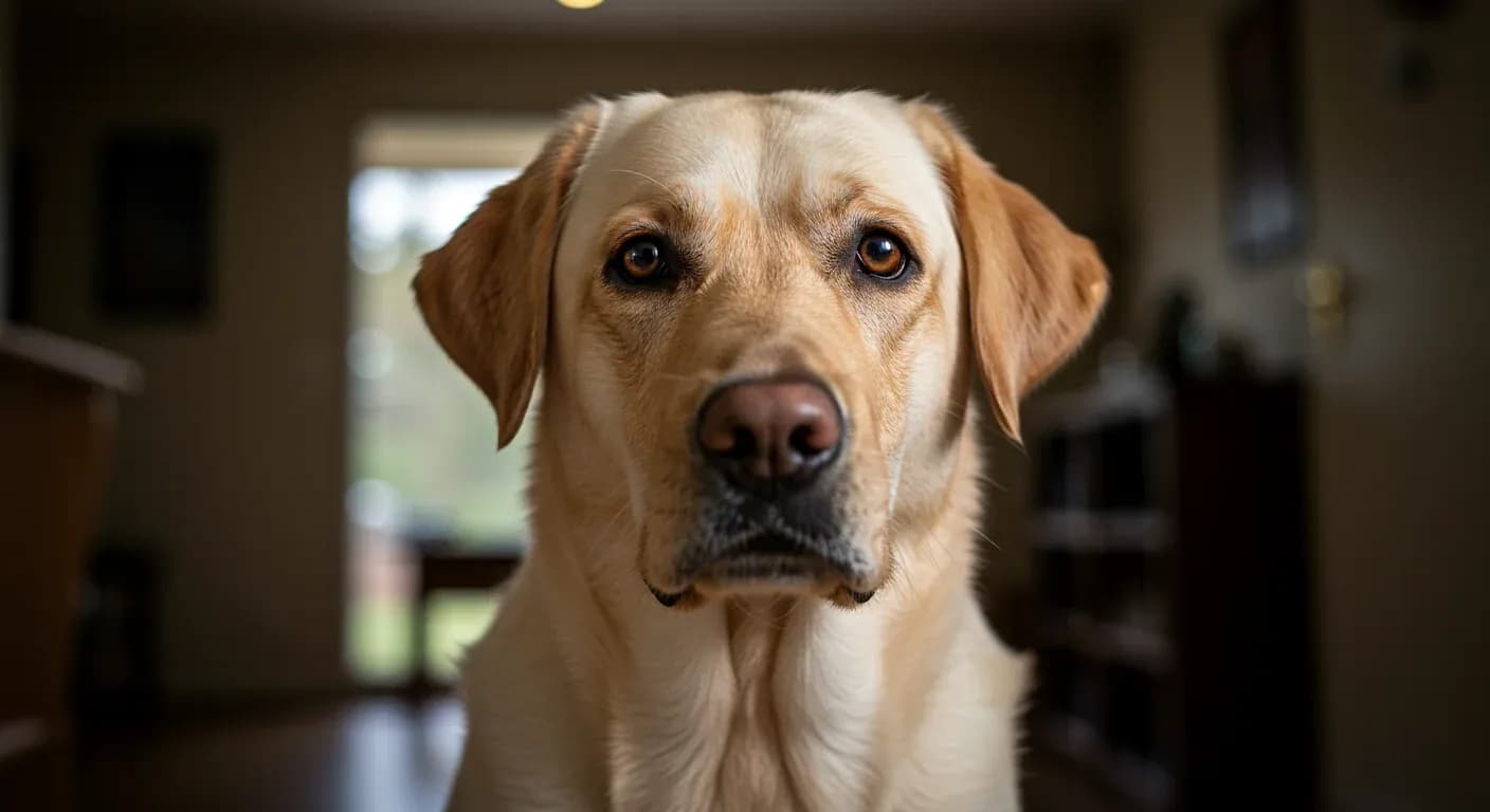 Close-up portrait of a yellow Labrador Retriever with a gentle expression, representing dogs that may experience anxiety, centered against a soft home interior background