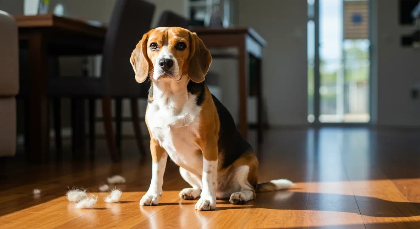 A well-groomed Beagle sitting on hardwood flooring with visible shed fur around it, demonstrating the natural shedding that occurs in homes with these dogs