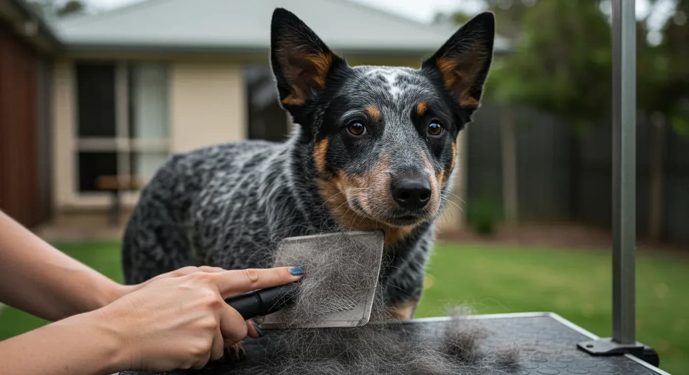 Blue Heeler dog being groomed with a slicker brush, showing loose fur being removed from its double coat during a home grooming session