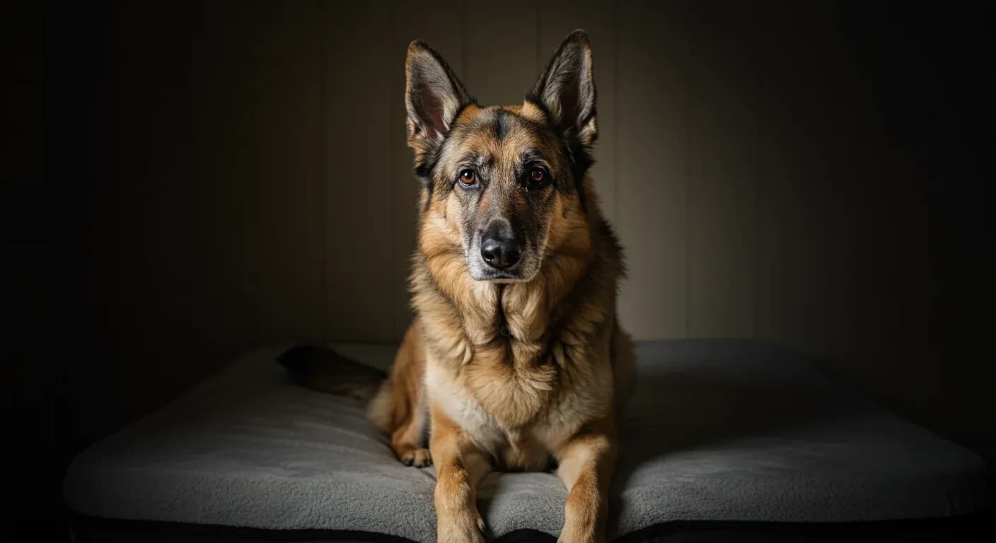 Senior German Shepherd with greying muzzle sitting on orthopedic bed, representing the dignified aging process and arthritis management in older dogs of this breed
