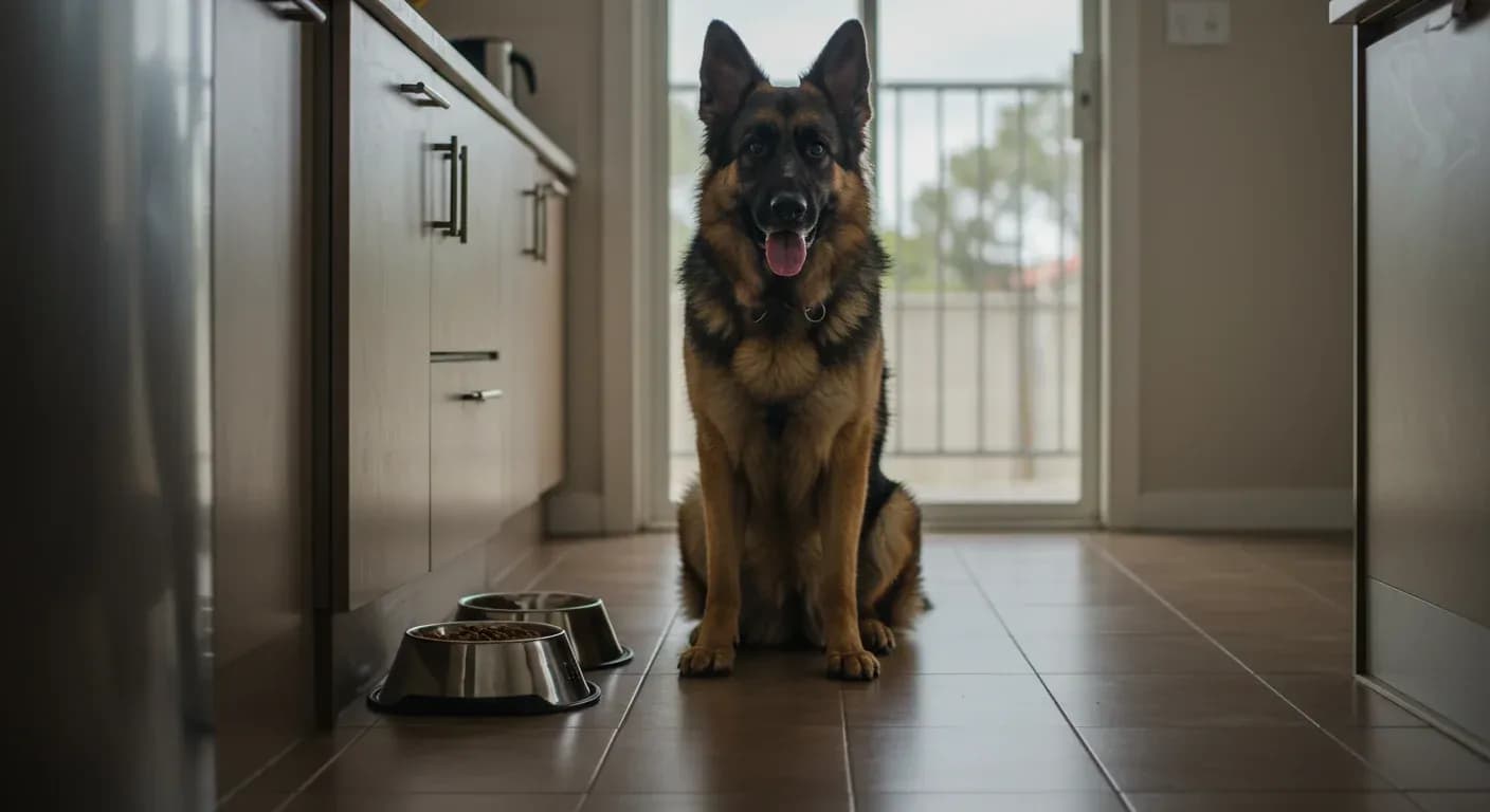 A German Shepherd sitting in a kitchen next to feeding bowls, representing proper feeding practices to prevent bloat