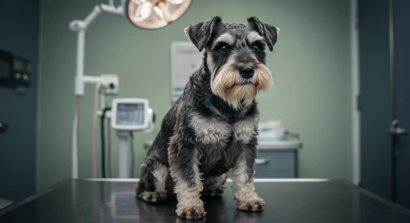 A well-groomed Miniature Schnauzer sitting on a veterinary examination table in a clean medical setting, representing professional pet healthcare and breed-specific medical attention