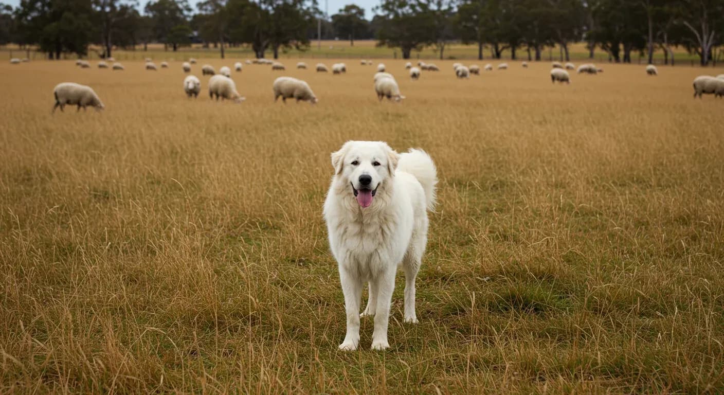 A white Maremma Sheepdog standing confidently in the center of a pastoral field with sheep, demonstrating their natural guardian role and independent temperament