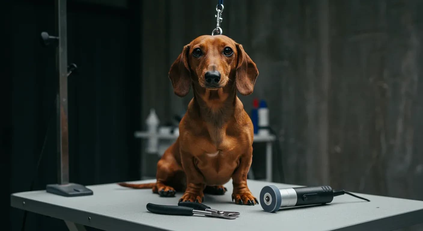 A Dachshund sitting centered on a grooming table with nail trimming tools nearby, illustrating the main topic of nail care for this breed