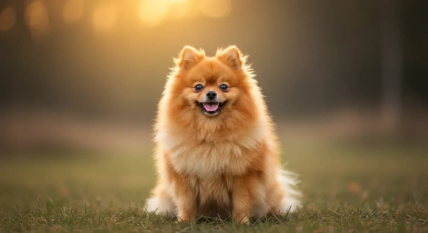 A healthy, alert Pomeranian with fluffy orange coat sitting centered in the frame with bright, happy expression, representing longevity and vitality in this toy breed