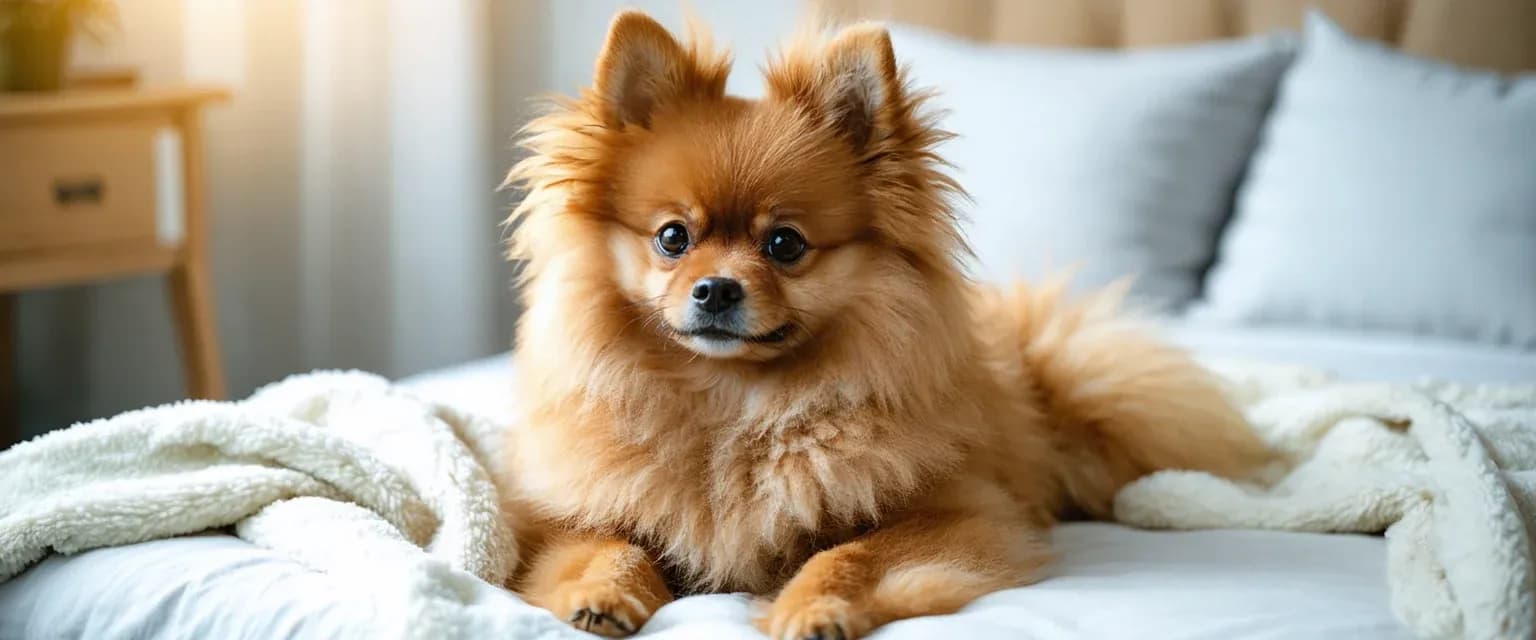 Healthy orange Pomeranian with fluffy coat sitting on white blanket, representing the breed's longevity and care discussed in the article