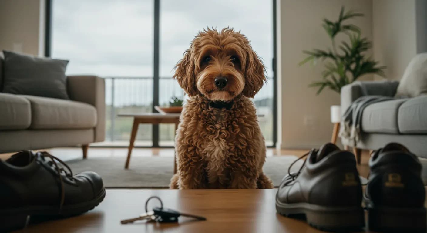 A concerned-looking Standard Poodle sitting in a living room with keys and shoes in the foreground, illustrating separation anxiety triggers in dogs