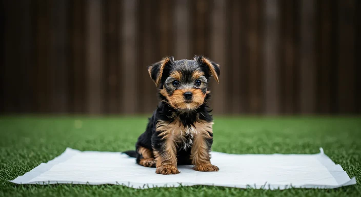 Adorable Yorkshire Terrier puppy sitting on a white training pad, demonstrating the article's focus on potty training these small breed puppies
