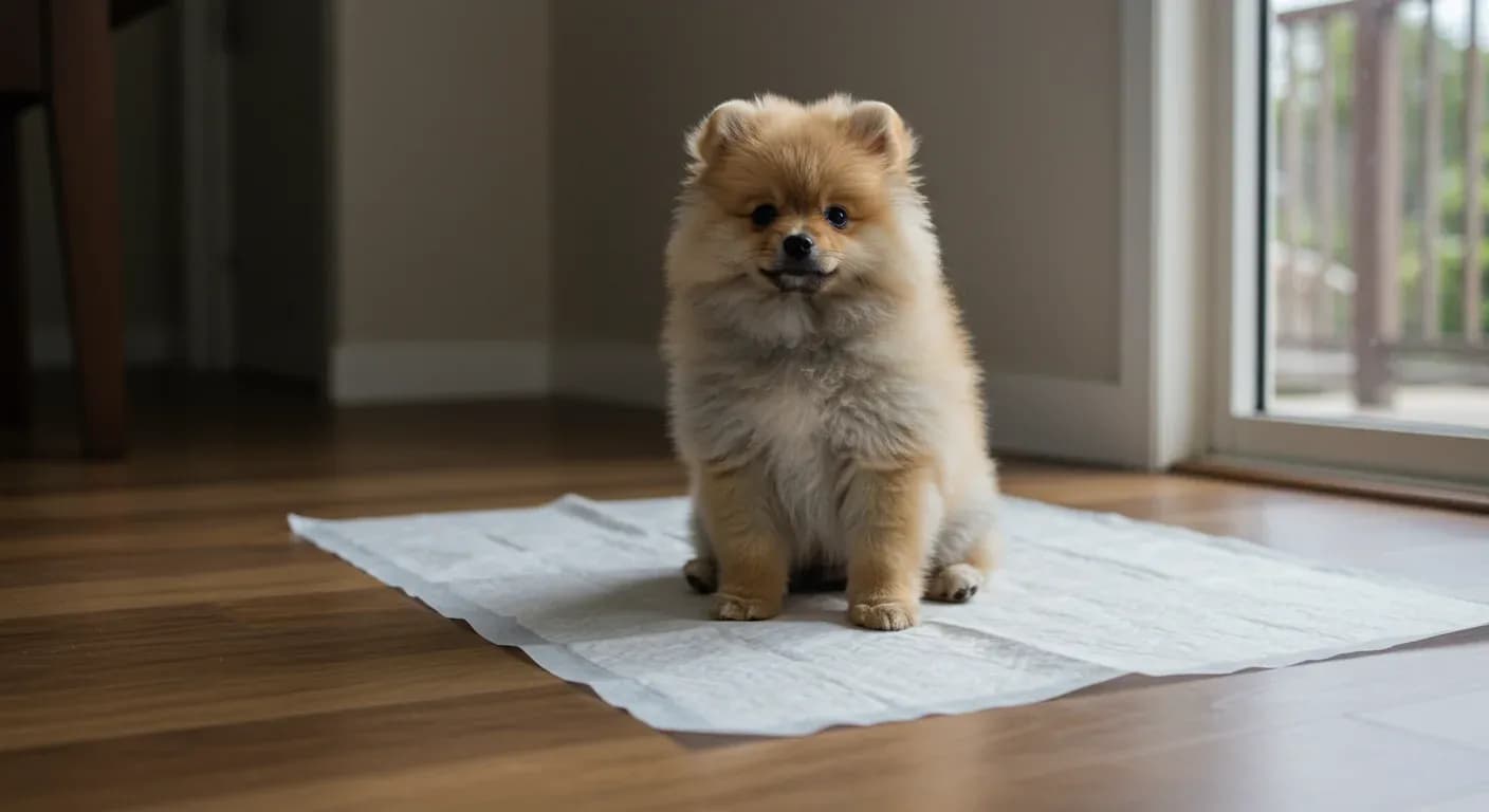 Cute Pomeranian puppy sitting on a training pad during potty training, representing the article's focus on house training techniques for this small breed
