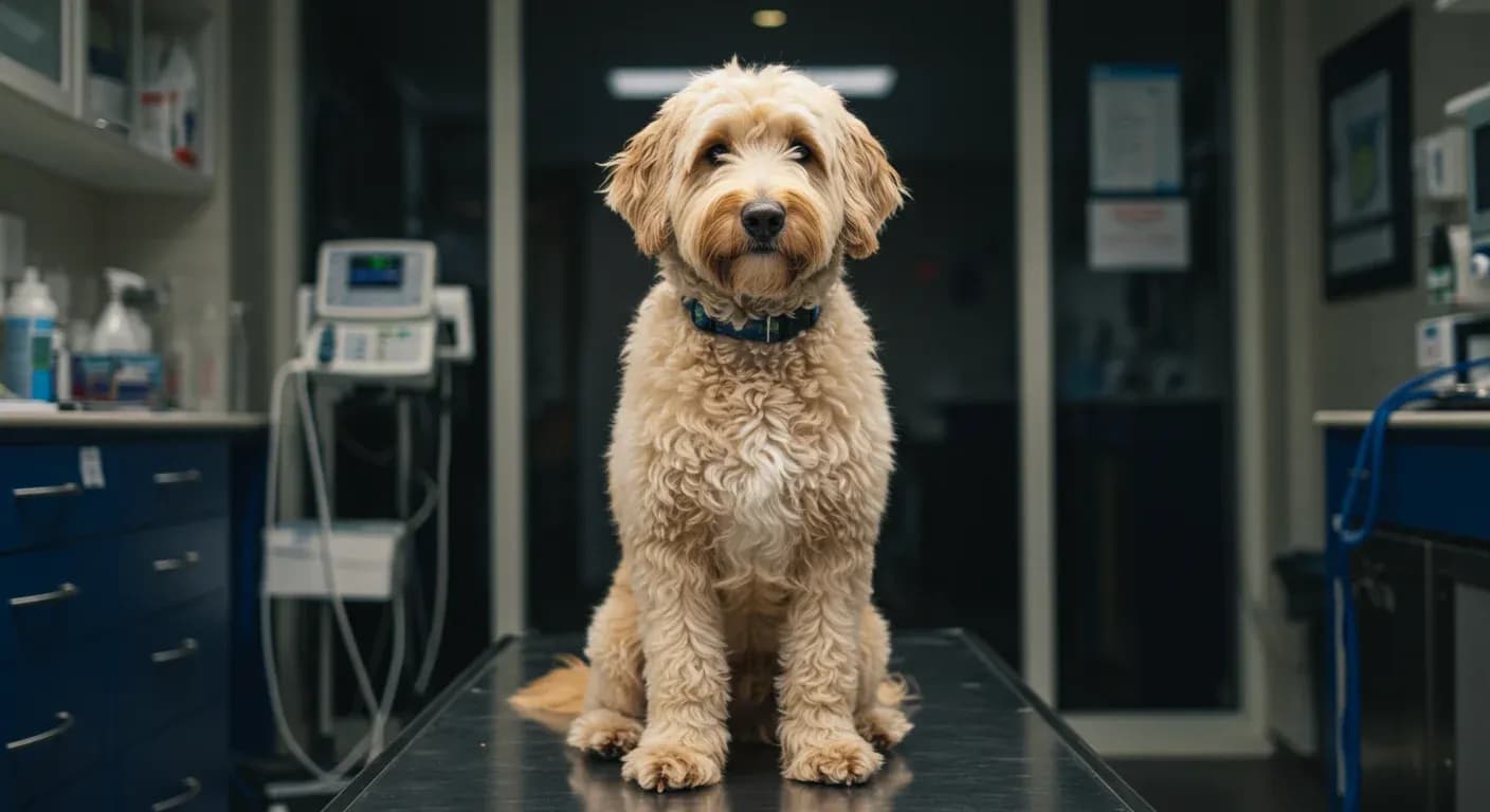 Healthy Goldendoodle sitting in veterinary clinic, representing preventative health care and the article's focus on maintaining Goldendoodle wellness through proactive veterinary care