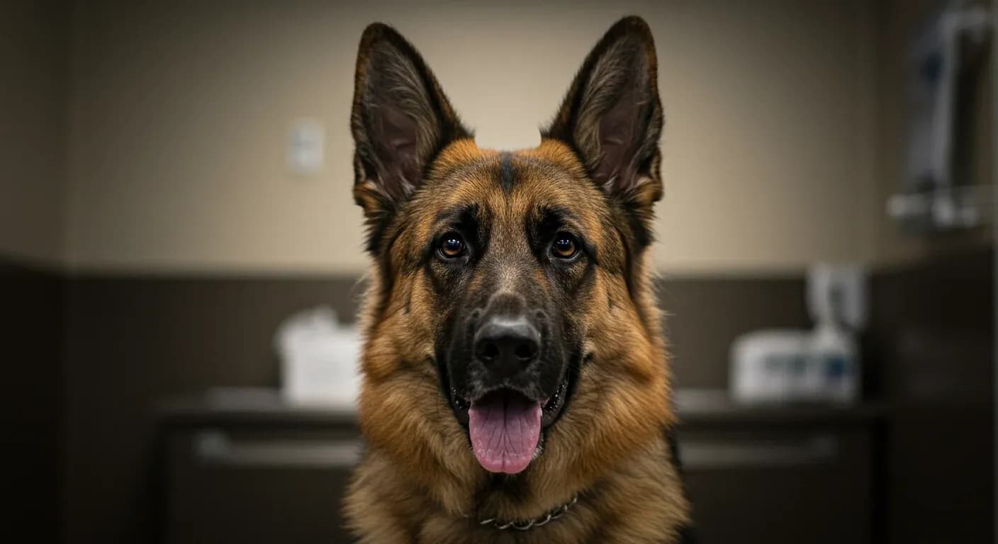 Close-up portrait of a German Shepherd with healthy upright ears, demonstrating the breed's natural ear structure that requires regular care to prevent infections