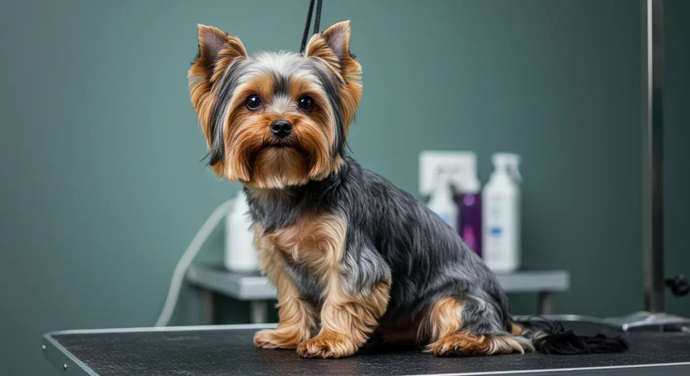 A Yorkshire Terrier with healthy, flowing coat sitting centered on a grooming table, representing the article's focus on preventing hair loss in this breed
