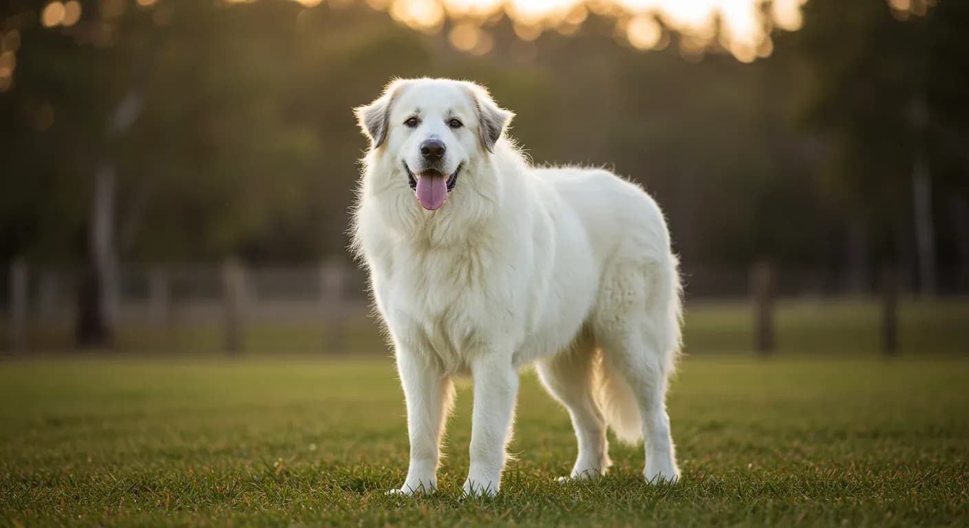 A healthy Great Pyrenees dog standing with good posture on grass, demonstrating proper joint health and mobility for an article about preventing hip dysplasia