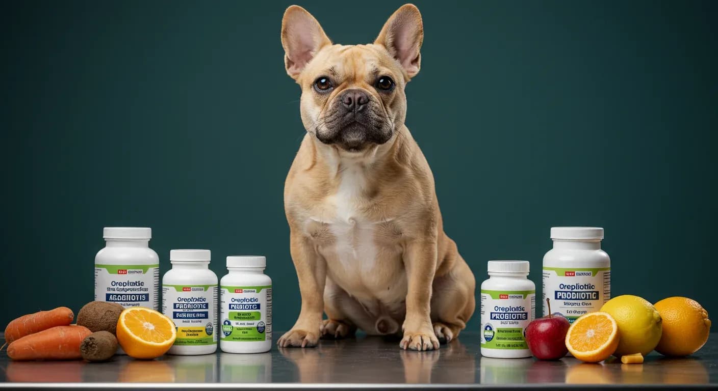 French Bulldog sitting in center of frame surrounded by probiotic supplements and healthy ingredients, illustrating digestive health support for the breed