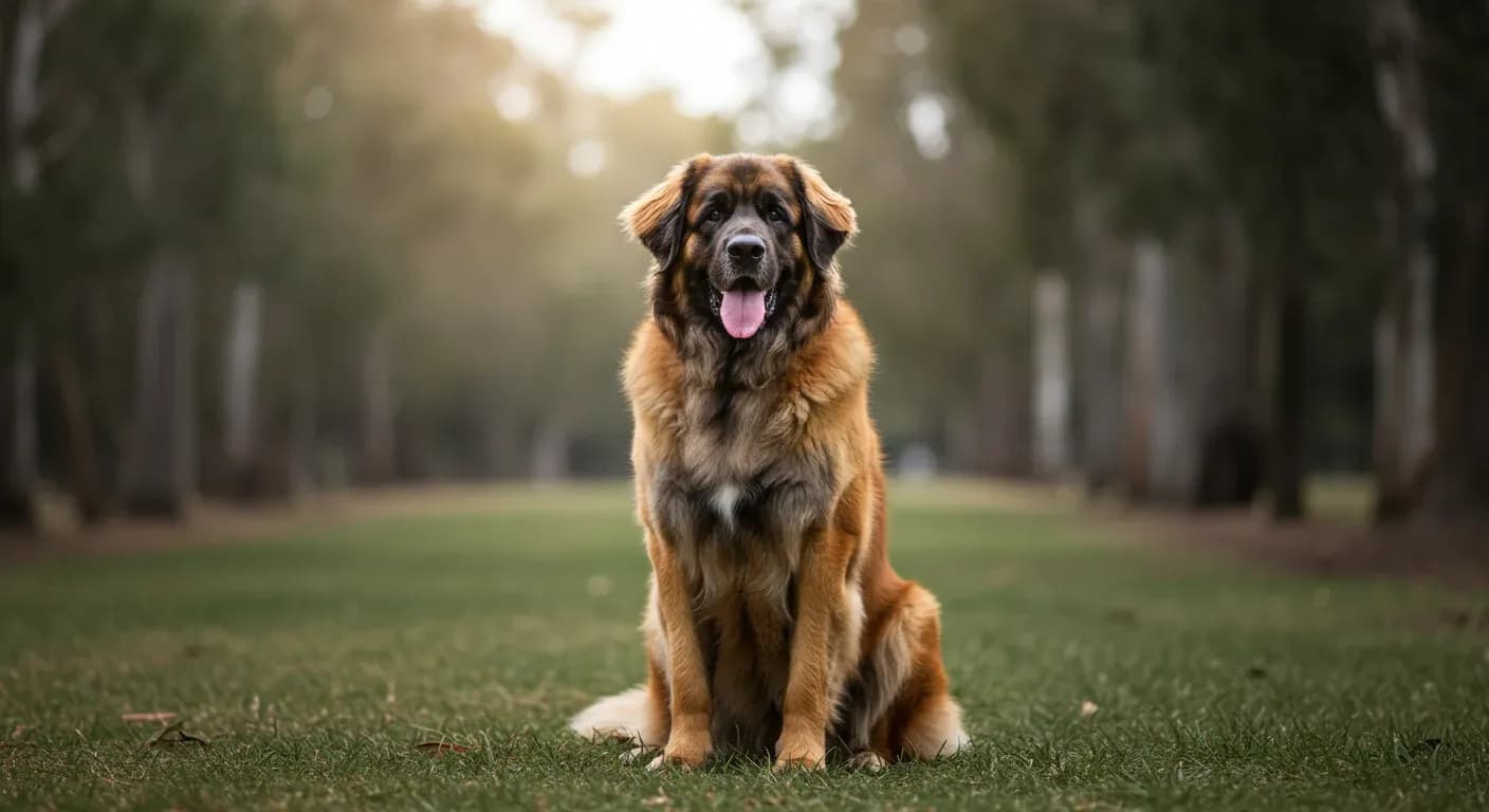 A beautiful Leonberger dog sitting centered in the frame, showcasing the breed's impressive size and golden coat, representing the health and vitality discussed in the article about common Leonberger health issues